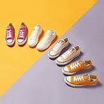 Womens Converse shoes in a yellow-purple split background